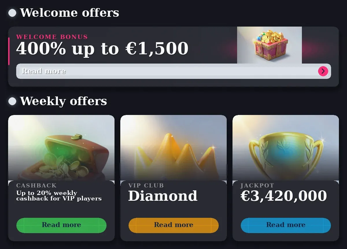 7gold Casino: 400% €1,500, Up to 20% weekly cashback for VIP players, Diamond, €3,420,000